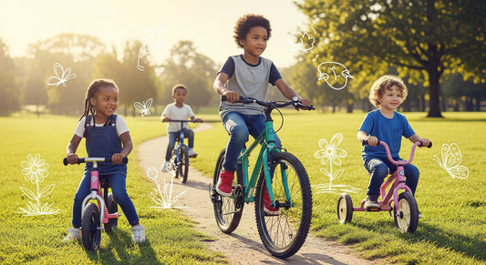 four kids riding the bicycles