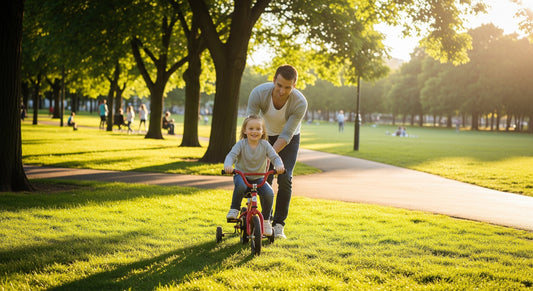A child riding a kids bicycle with his father