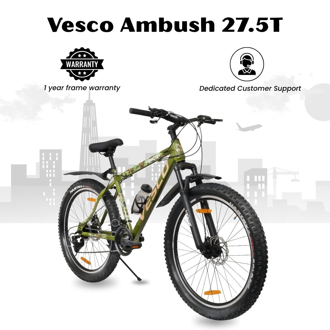 VESCO Ambush 27.5T Mountain Bike โ 21 Speed | Strong Steel Frame | Dual Disc Brake | Ideal for 17+ Adults (Green) - Vesco Cycles