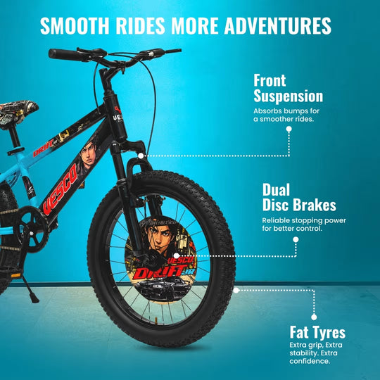 VESCO Drift Jr 20T Fat Tyre Kids Cycle for Boys, Front Suspension, Ideal for 6 to 9 Years| Blue