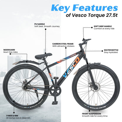 VESCO Torque 27.5T MTB Cycle for Men | Single Speed | Dual Disc Brake | Front Suspension