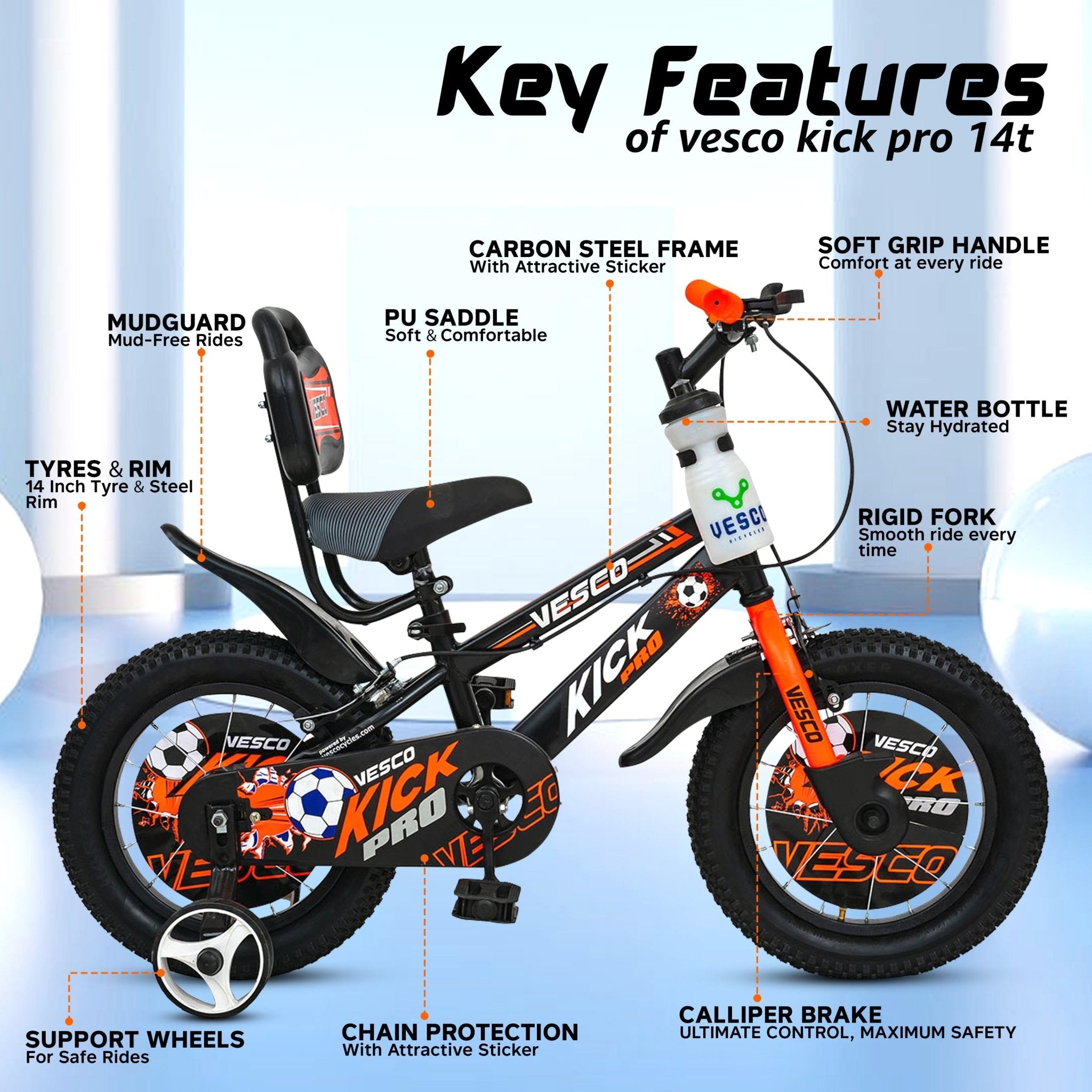 Kick Pro 14T Kids Bicycle | Support Wheels, Back Support – Vesco