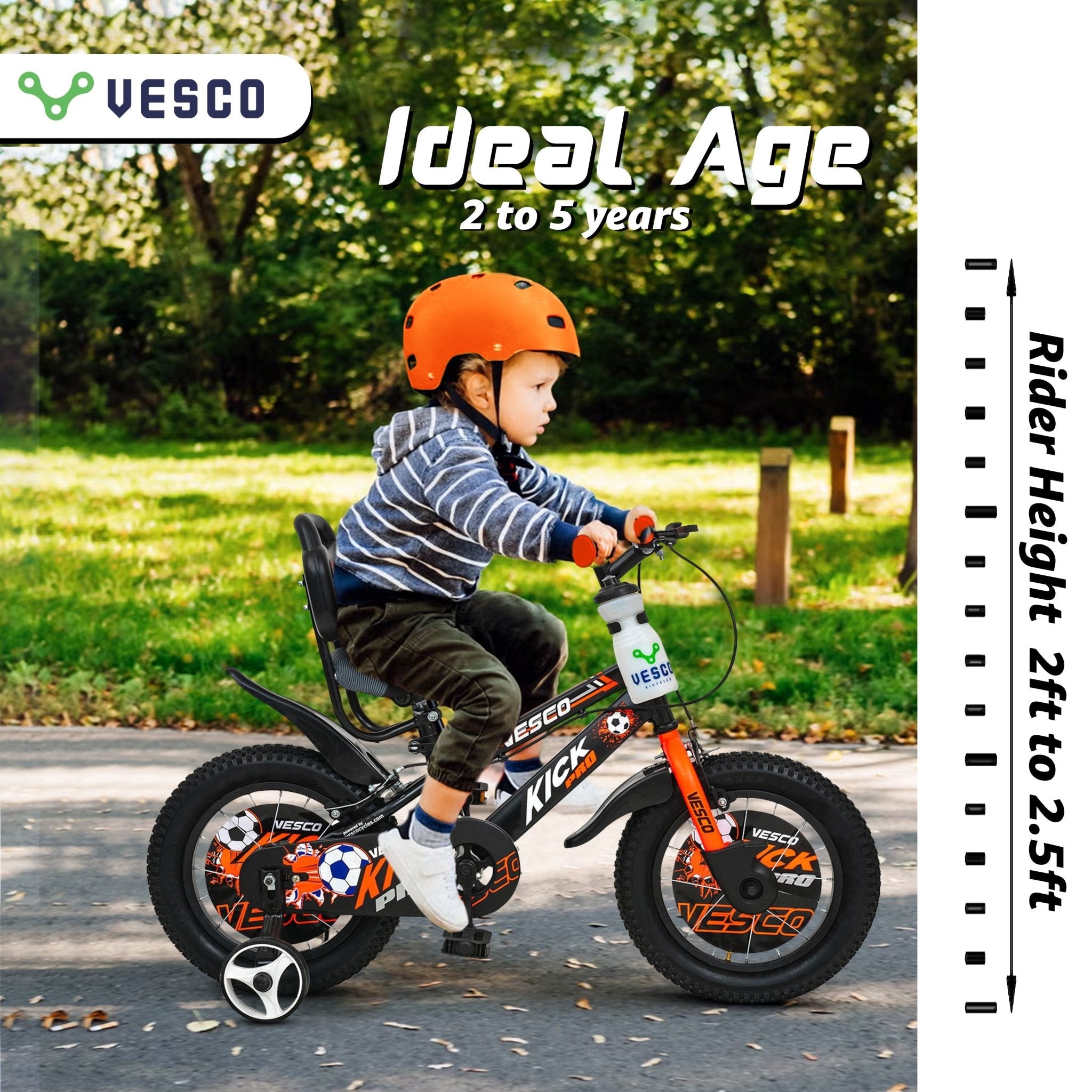 Kick Pro 14T Kids Bicycle | Support Wheels, Back Support – Vesco Cycles