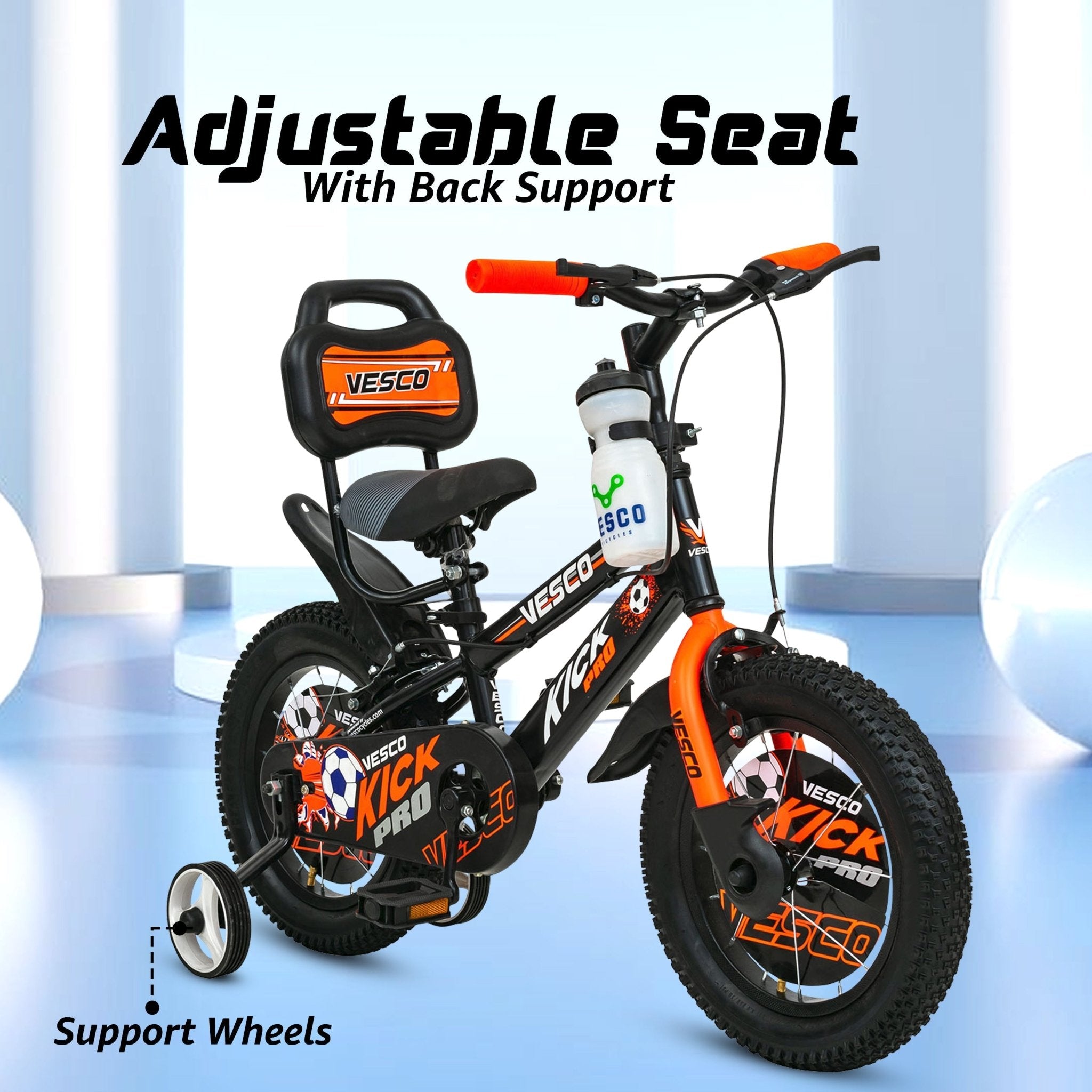 Kick Pro 14T Kids Bicycle | Support Wheels, Back Support – Vesco Cycles