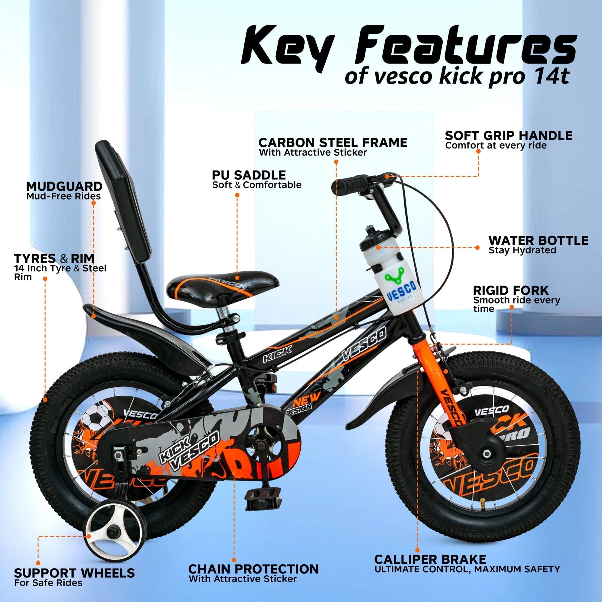 14T Orange Kick Sports Kids Bicycle - Vesco Cycles
