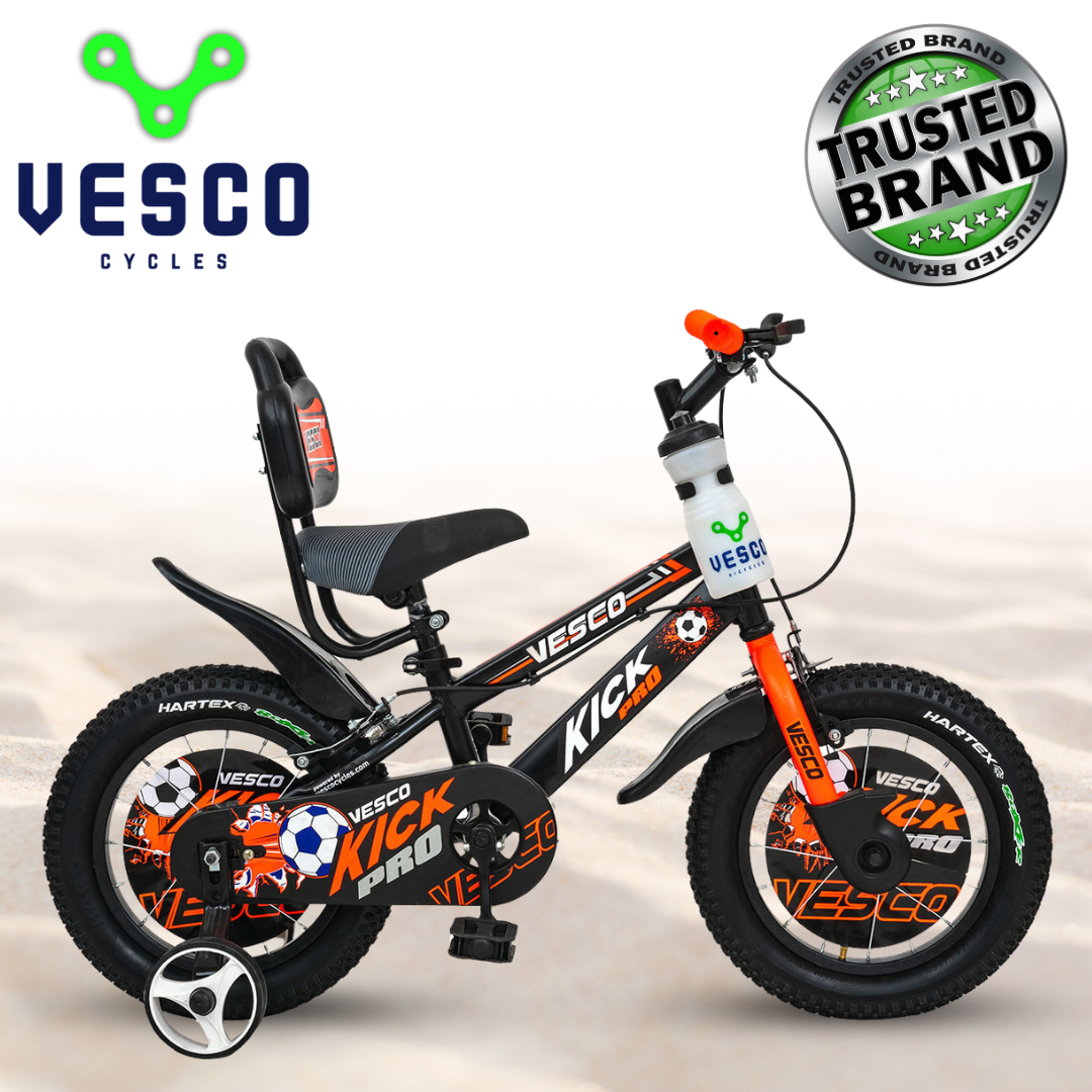 VESCO Kick Pro Orange 14T Bicycle for Kids Fully Adjustable with Back Seat & Support | Ideal for 3 to 5 Years Kid