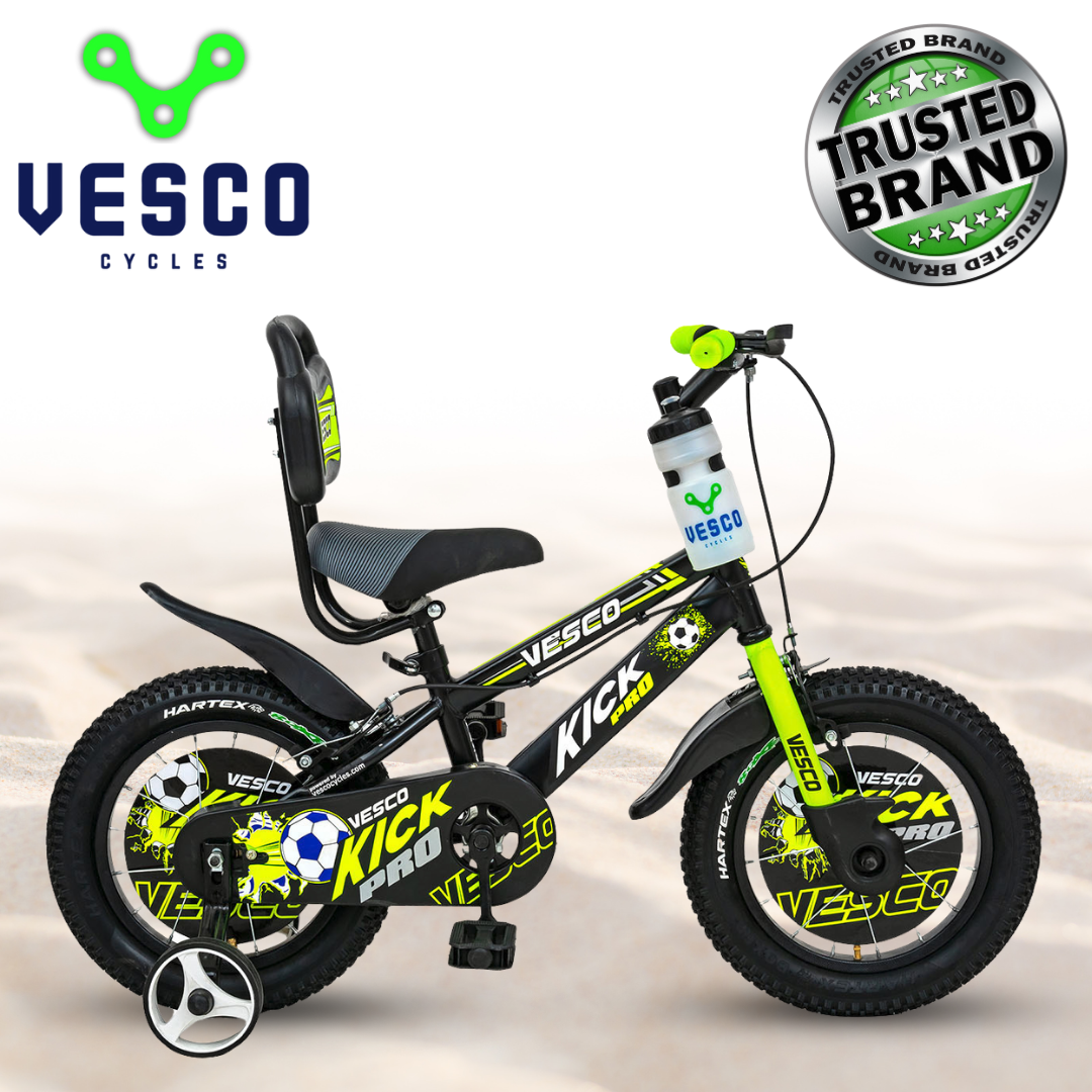 VESCO Kick Pro Green 14T Bicycle for Kids Fully Adjustable with Back Seat & Support | Ideal for 3 to 5 Years Kid