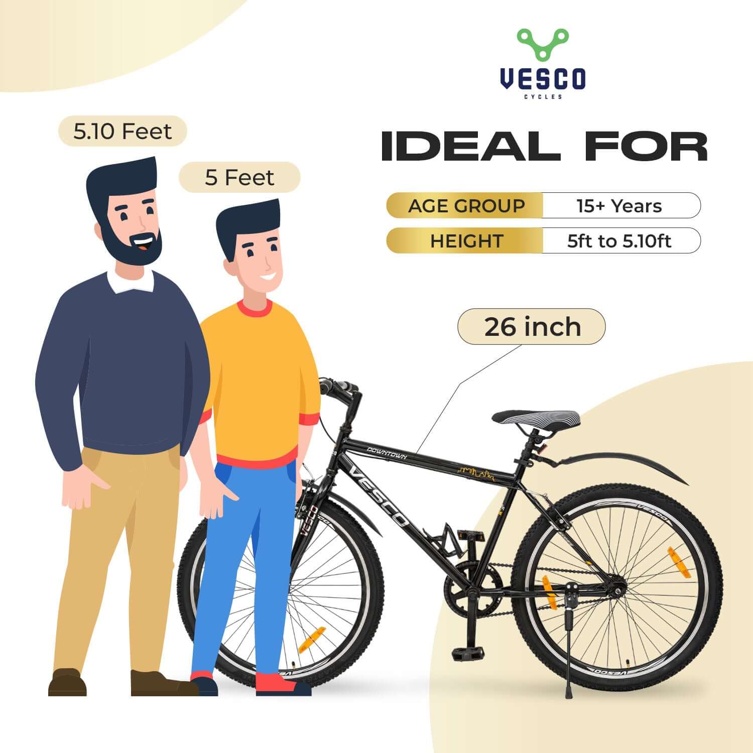 26T Black Downtown Cycle for Adults - Vesco Cycles