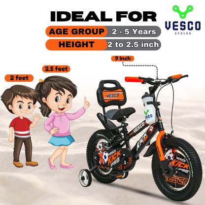 VESCO Kick Pro Orange 14T Bicycle for Kids Fully Adjustable with Back Seat & Support | Ideal for 3 to 5 Years Kid