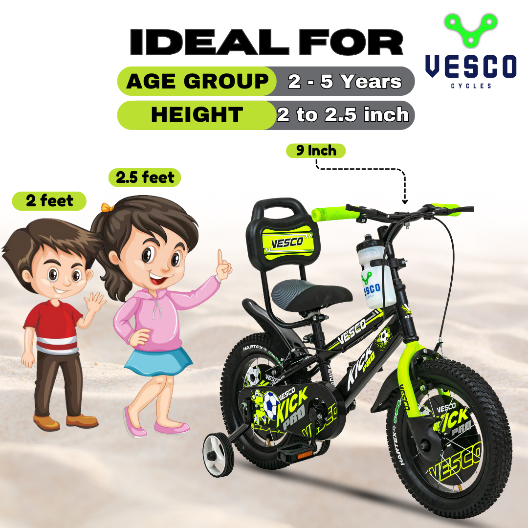 VESCO Kick Pro Green 14T Bicycle for Kids Fully Adjustable with Back Seat & Support | Ideal for 3 to 5 Years Kid