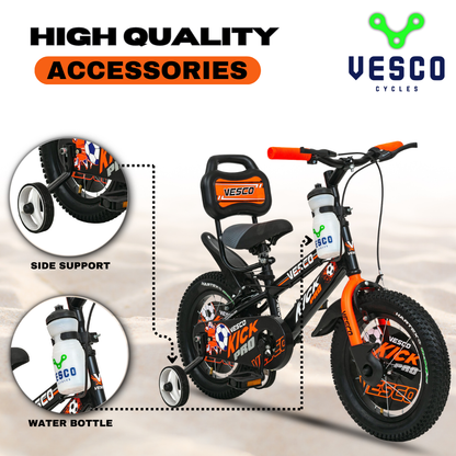 VESCO Kick Pro Orange 14T Bicycle for Kids Fully Adjustable with Back Seat & Support | Ideal for 3 to 5 Years Kid