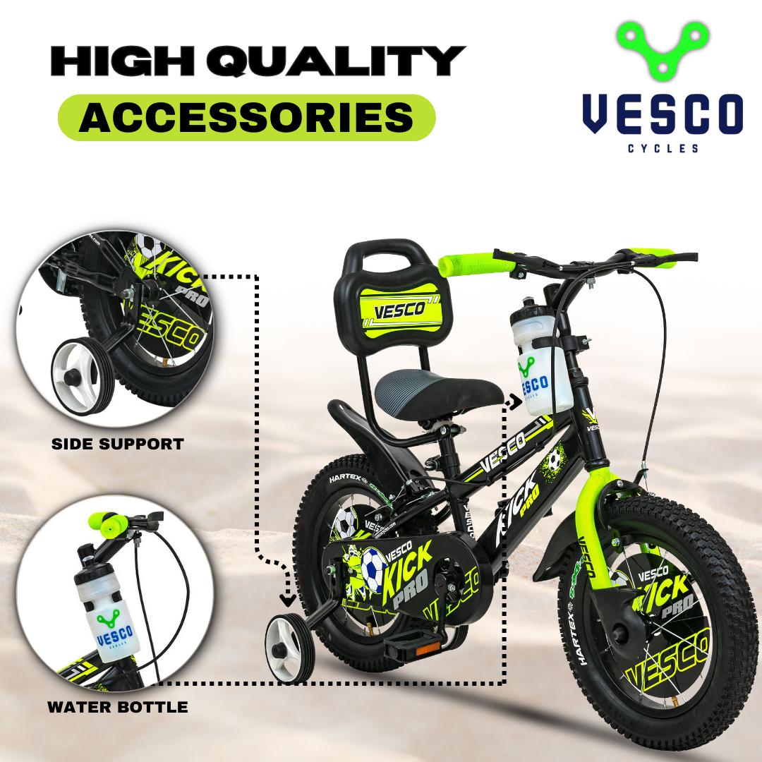 VESCO Kick Pro Green 14T Bicycle for Kids Fully Adjustable with Back Seat & Support | Ideal for 3 to 5 Years Kid