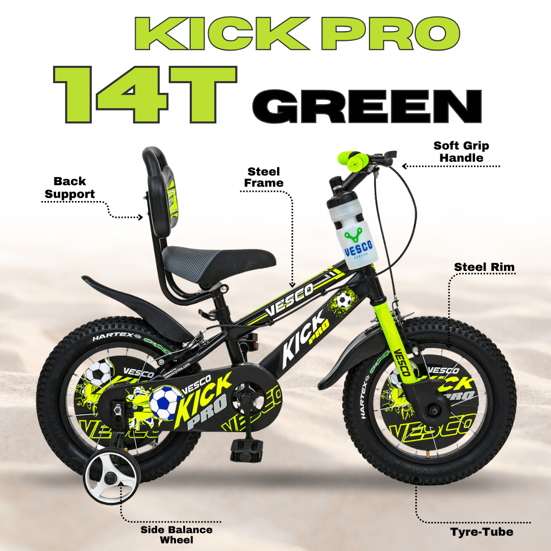 VESCO Kick Pro Green 14T Bicycle for Kids Fully Adjustable with Back S Vesco Cycles