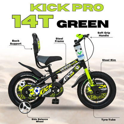 VESCO Kick Pro Green 14T Bicycle for Kids Fully Adjustable with Back Seat & Support | Ideal for 3 to 5 Years Kid