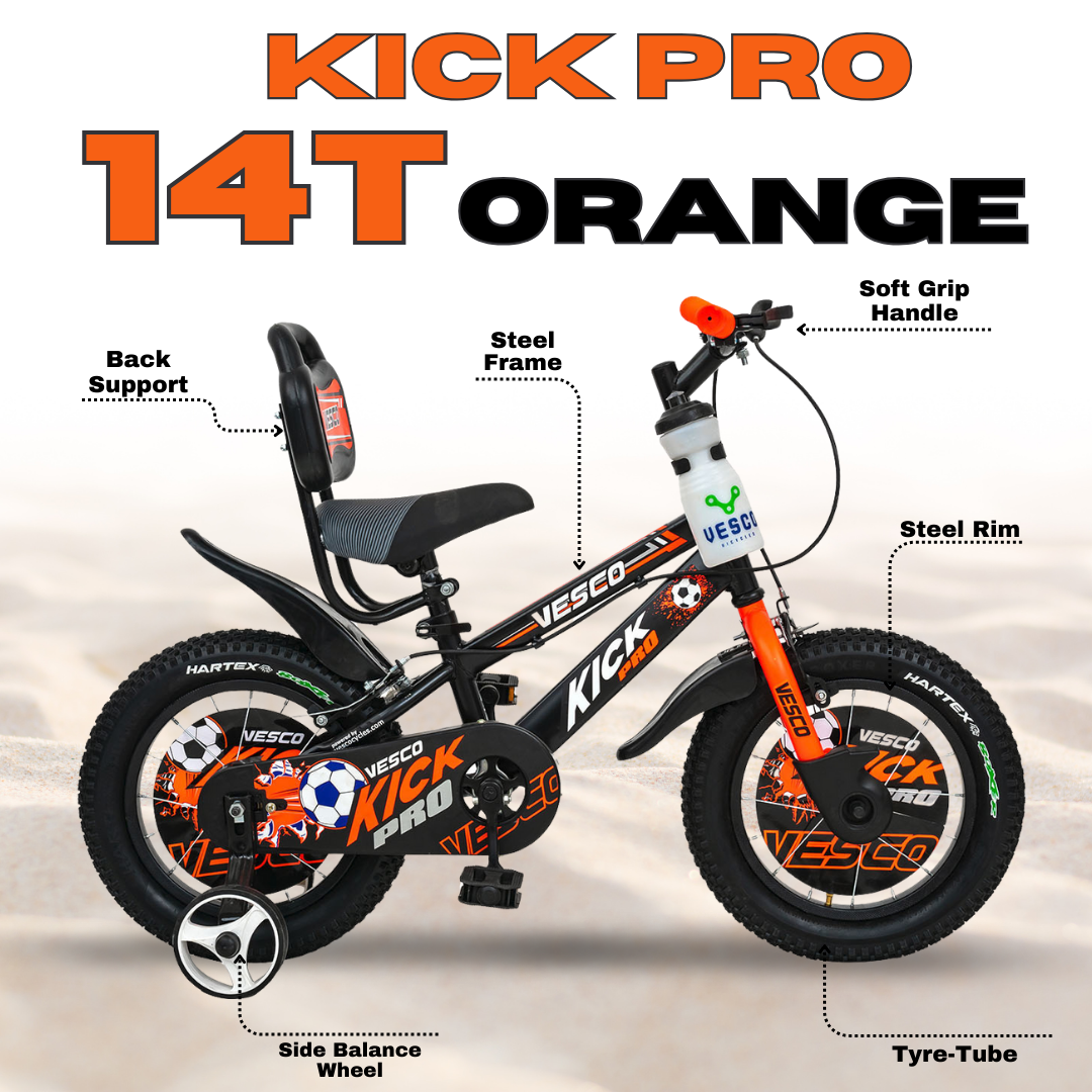 VESCO Kick Pro Orange 14T Bicycle for Kids Fully Adjustable with Back Seat & Support | Ideal for 3 to 5 Years Kid