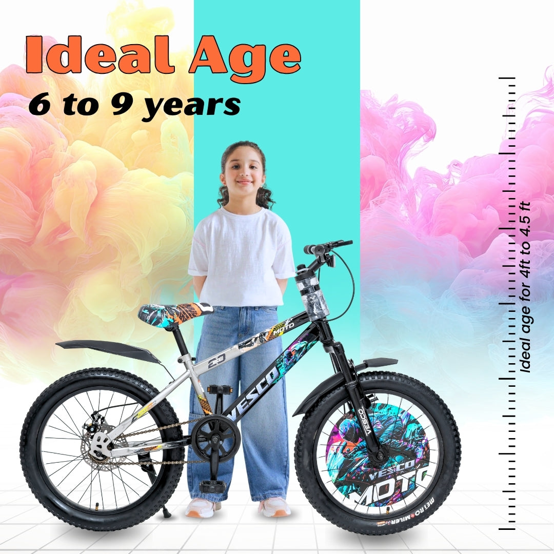 VESCO Moto 20T Premium Kids Cycle with Front Suspension & Dual Disc Brakes | Tube Tyre | 6-9 Years Boys & Girls Bicycle (White, Black)