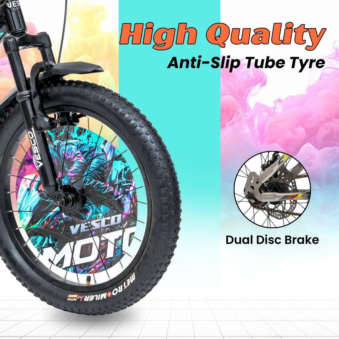 VESCO Moto 20T Premium Kids Cycle with Front Suspension & Dual Disc Brakes | Tube Tyre | 6-9 Years Boys & Girls Bicycle (White, Black)