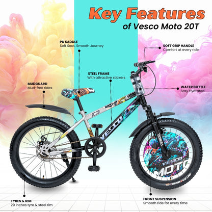 VESCO Moto 20T Premium Kids Cycle with Front Suspension & Dual Disc Brakes | Tube Tyre | 6-9 Years Boys & Girls Bicycle (White, Black)