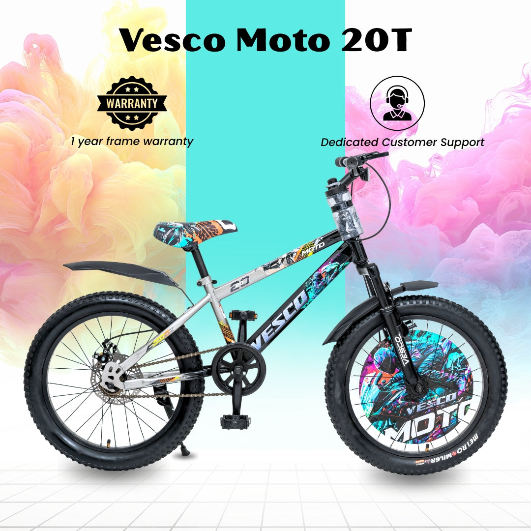 VESCO Moto 20T Premium Kids Cycle with Front Suspension & Dual Disc Brakes | Tube Tyre | 6-9 Years Boys & Girls Bicycle (White, Black)