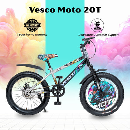 VESCO Moto 20T Premium Kids Cycle with Front Suspension & Dual Disc Brakes | Tube Tyre | 6-9 Years Boys & Girls Bicycle (White, Black)