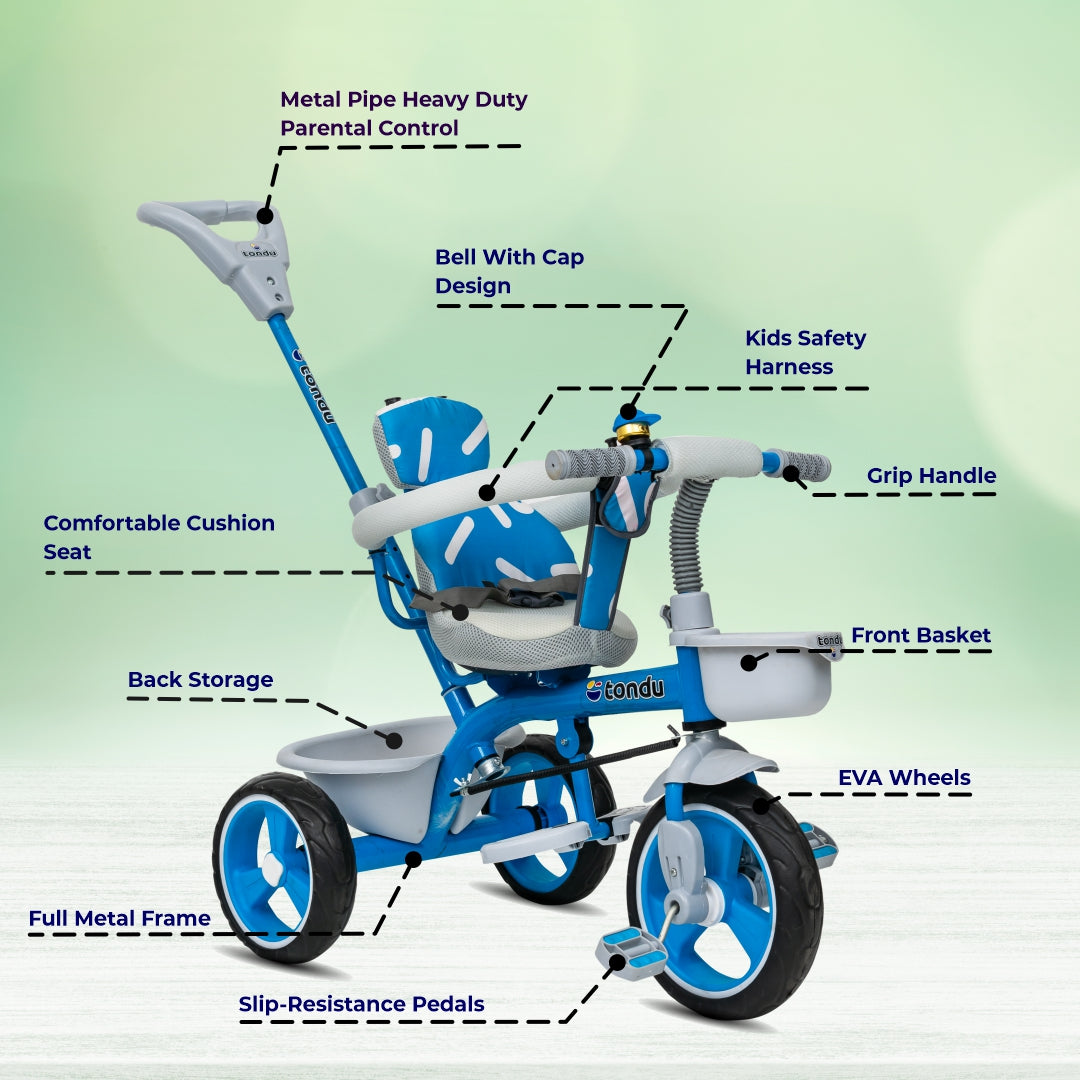 TONDU Tricycle for Baby/Kids with Safety Arm & Seat Belt with Parental Control Tricycle (Blue)