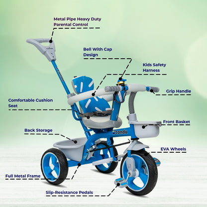 TONDU Tricycle for Baby/Kids with Safety Arm & Seat Belt with Parental Control Tricycle (Blue)