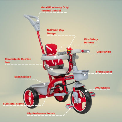 TONDU Tricycle for Baby/Kids with Safety Arm & Seat Belt with Parental Control Tricycle (Red)