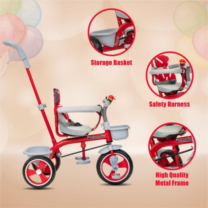 TONDU Tricycle for Baby/Kids with Safety Arm & Seat Belt with Parental Control Tricycle (Red)