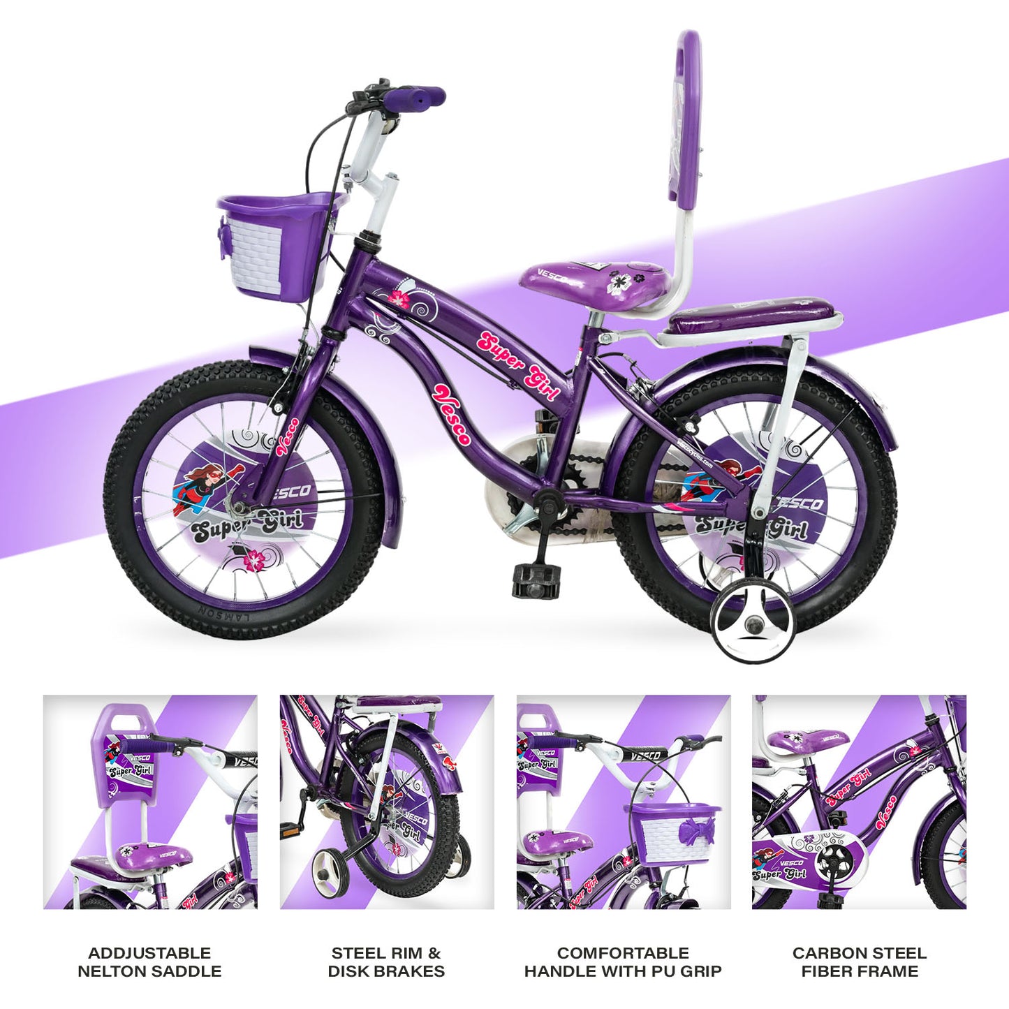 VESCO Super Girl 16T Bicycle for Kids (Purple) - A+ Content