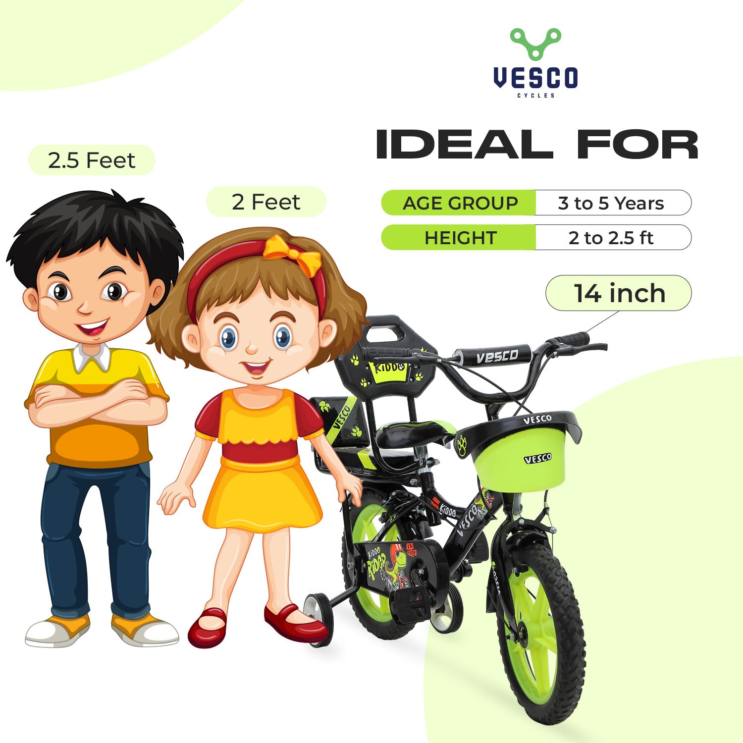 VESCO Kiddo Cycle 14-T Kids Sports Bicycle Training Wheels - Green