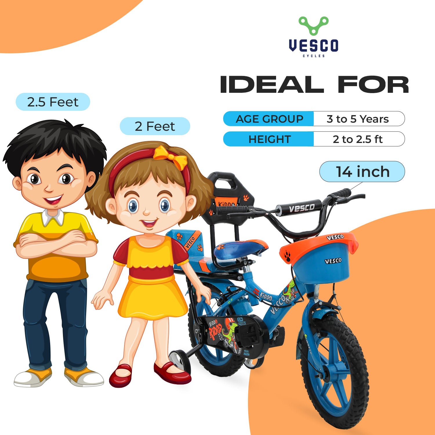 VESCO Kiddo Cycle 14-T Kids Sports Bicycle Training Wheels - Blue