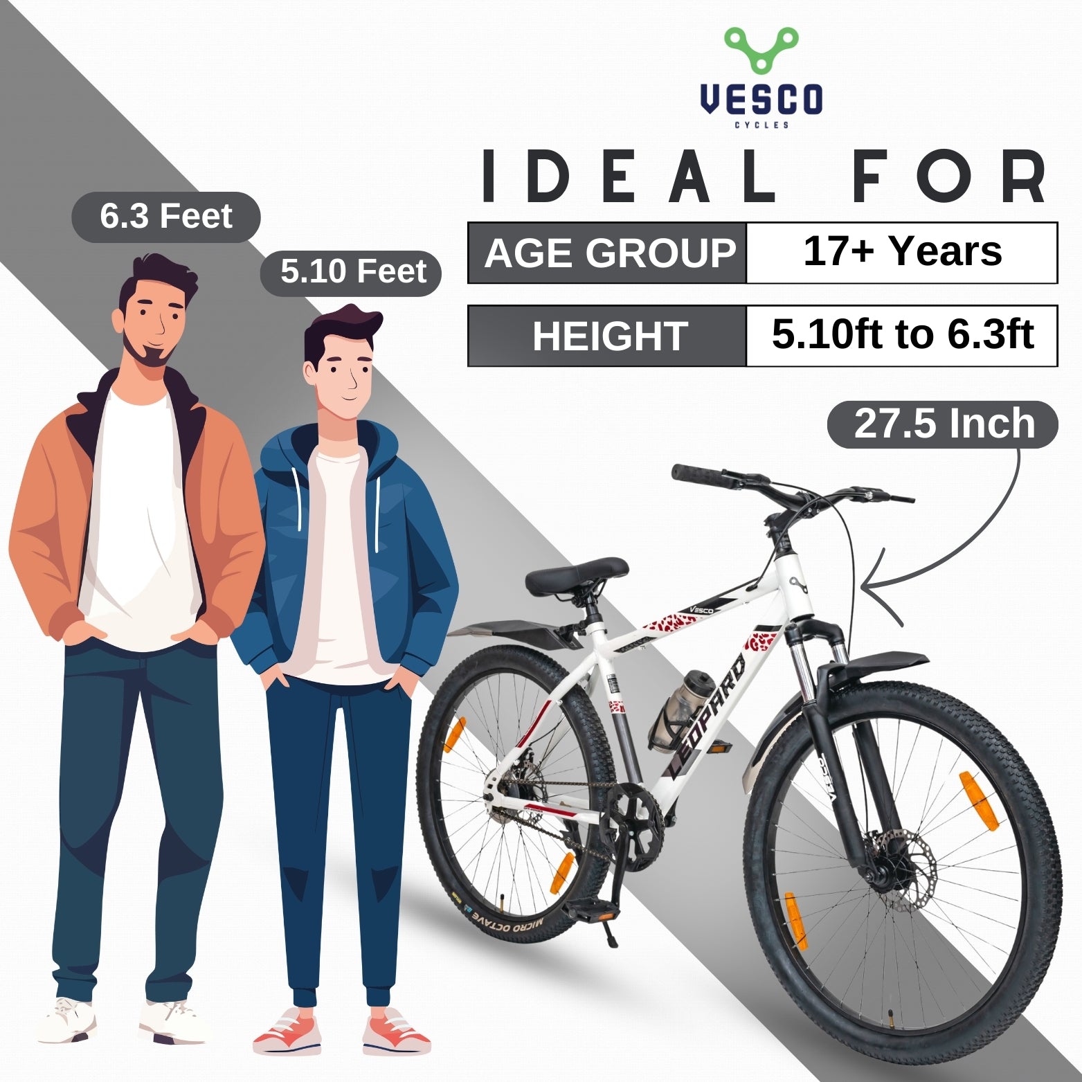 Vesco Leopard 27.5 Bicycle for Men with Dual Disk | Front Suspension | Ideal for: 17+ Years Boys & Men