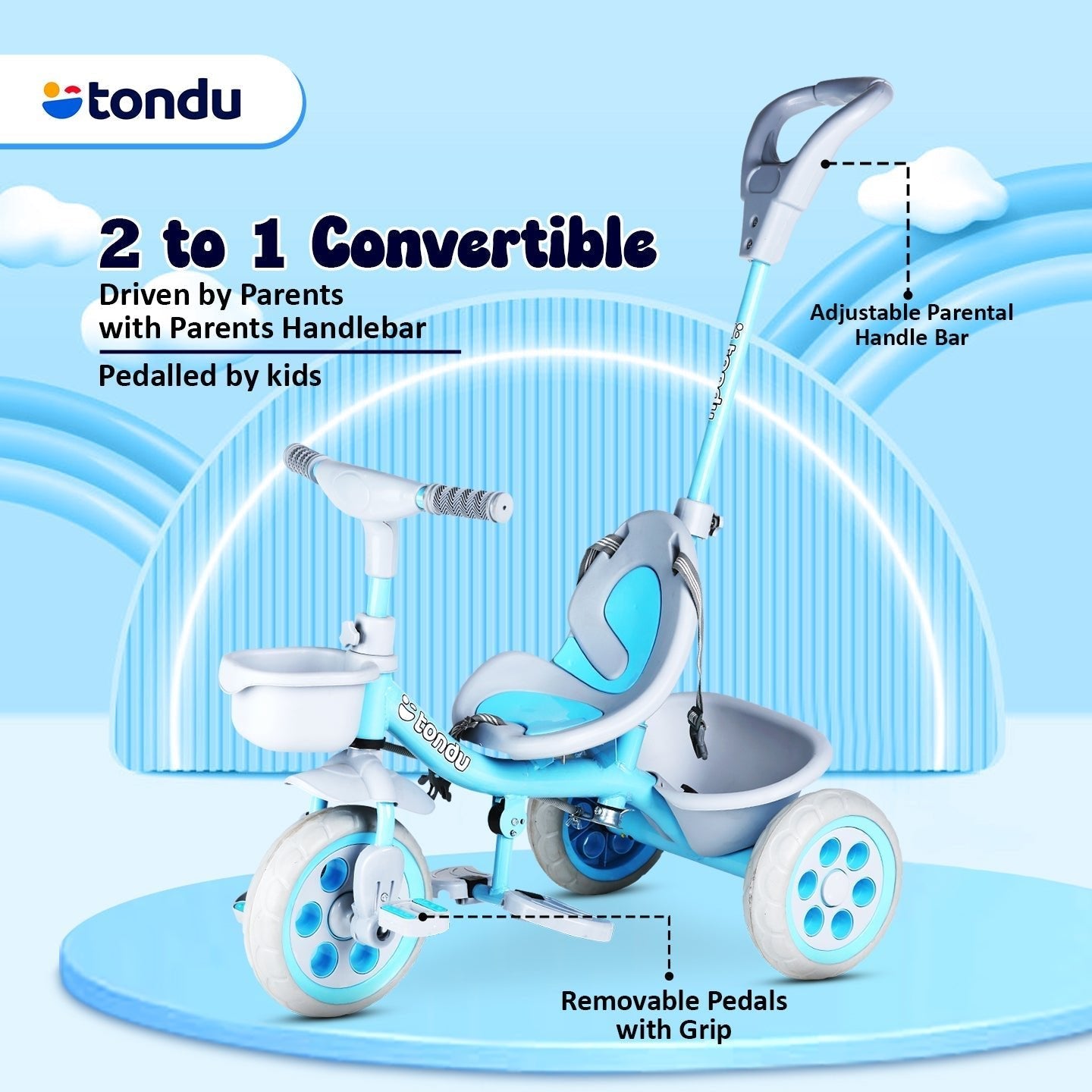 Blue TONDU Kiddo Tricycle Best for 1.5 Year to 4 Years Kids - Vesco Cycles