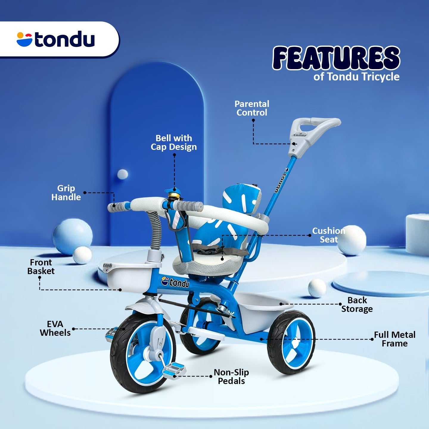 Blue TONDU Tricycle for Kids with Safety Arm & Seat Belt - Vesco Cycles