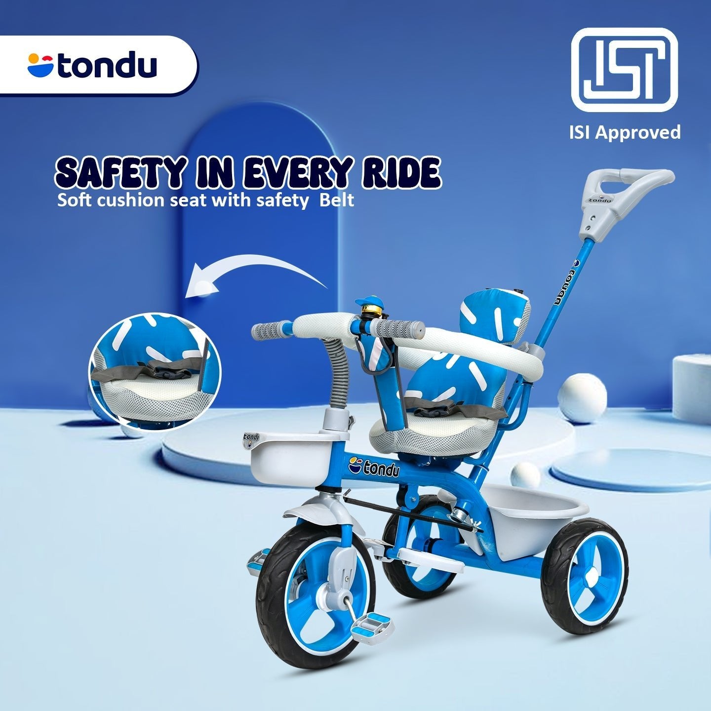 Blue TONDU Tricycle for Kids with Safety Arm & Seat Belt - Vesco Cycles