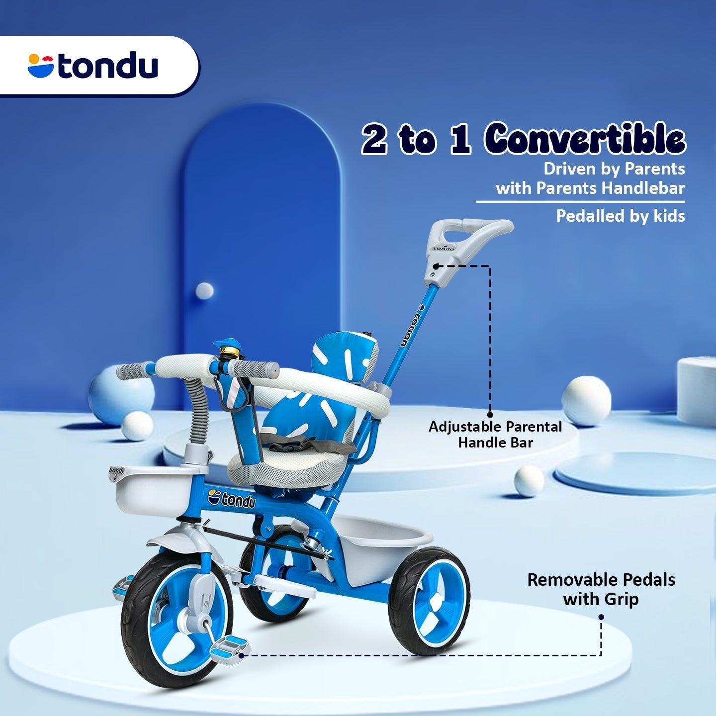 Blue TONDU Tricycle for Kids with Safety Arm & Seat Belt - Vesco Cycles