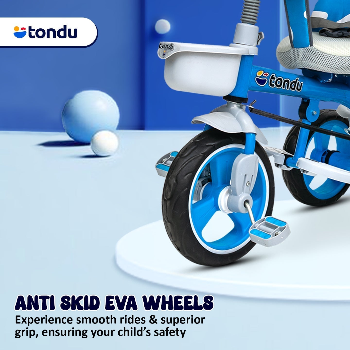 Blue TONDU Tricycle for Kids with Safety Arm & Seat Belt - Vesco Cycles