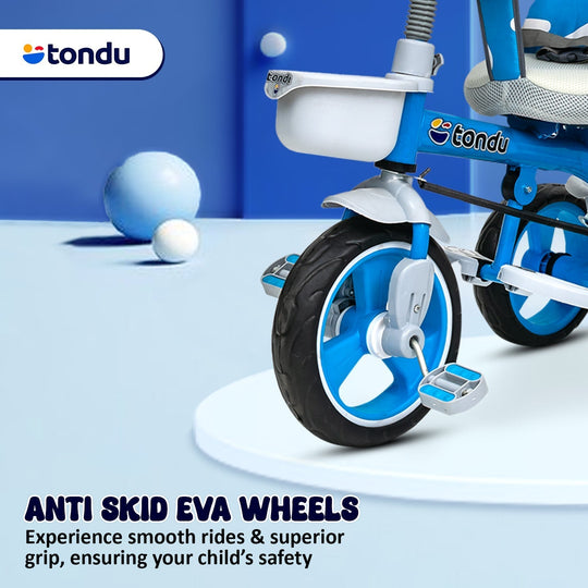 Blue TONDU Tricycle for Kids with Safety Arm & Seat Belt - Vesco Cycles