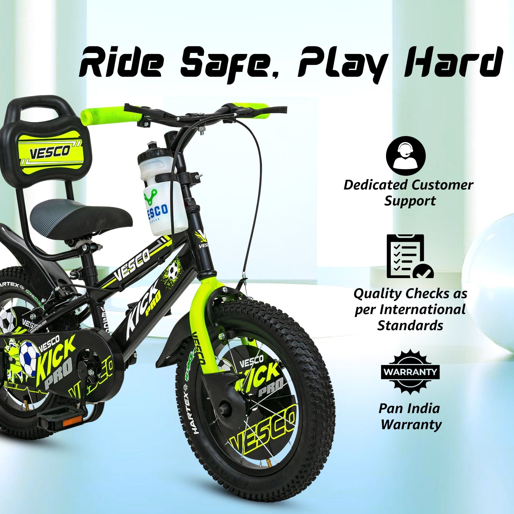Kick Pro Green 14T Bicycle for Kids 3 to 5 Years - Vesco Cycles