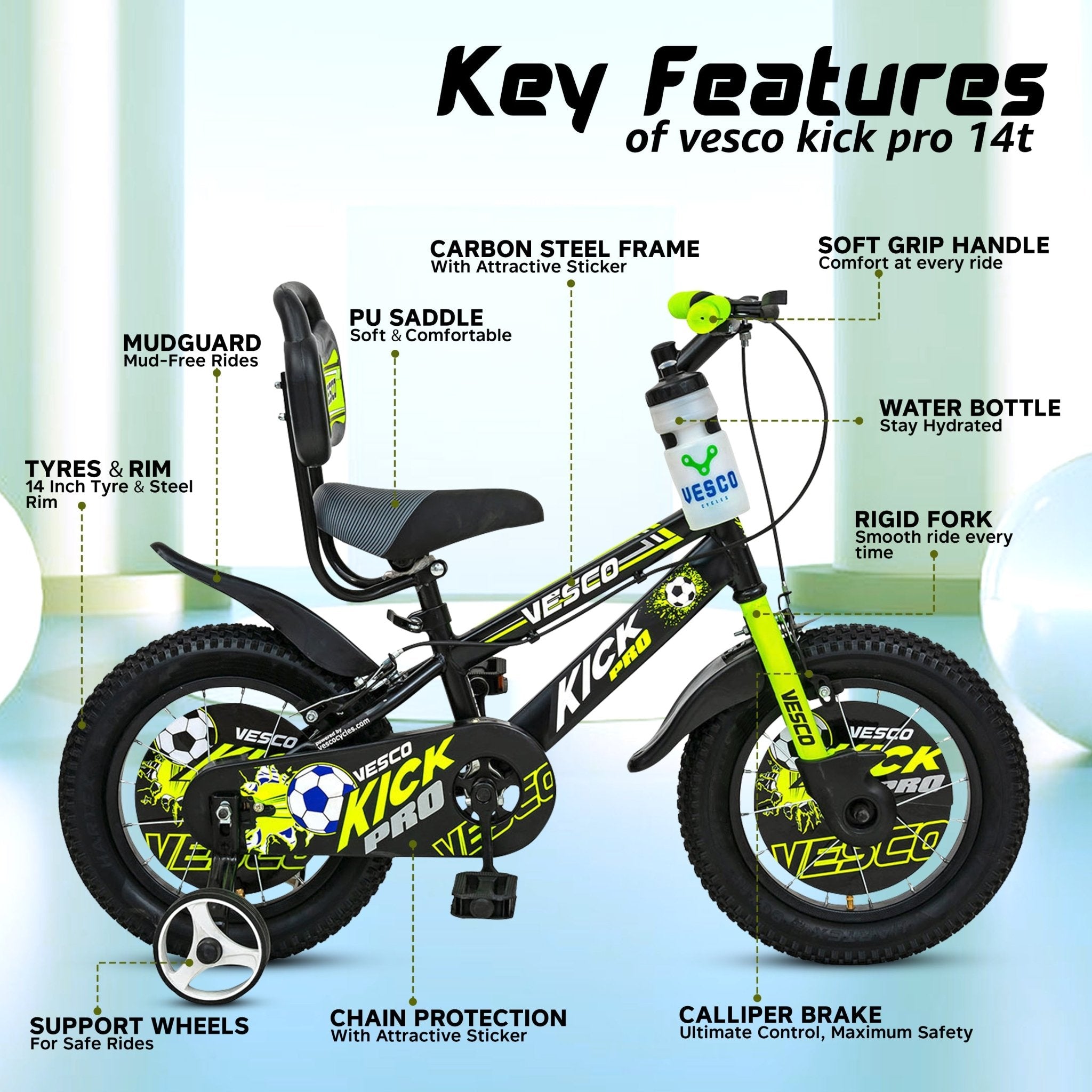 Kick Pro Green 14T Bicycle for Kids 3 to 5 Years - Vesco Cycles