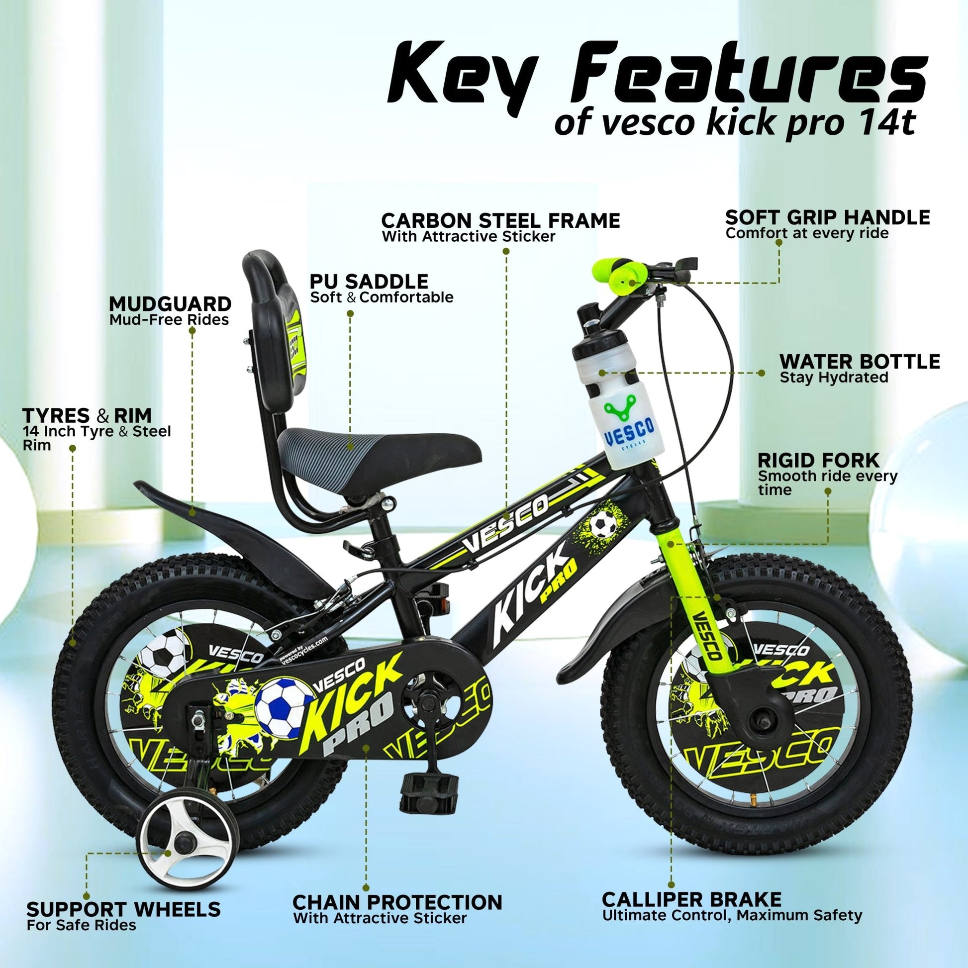 Kick Pro Green 14T Bicycle for Kids 3 to 5 Years - Vesco Cycles