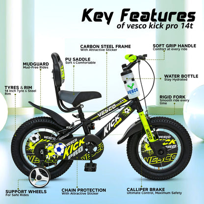 Kick Pro Green 14T Bicycle for Kids 3 to 5 Years - Vesco Cycles