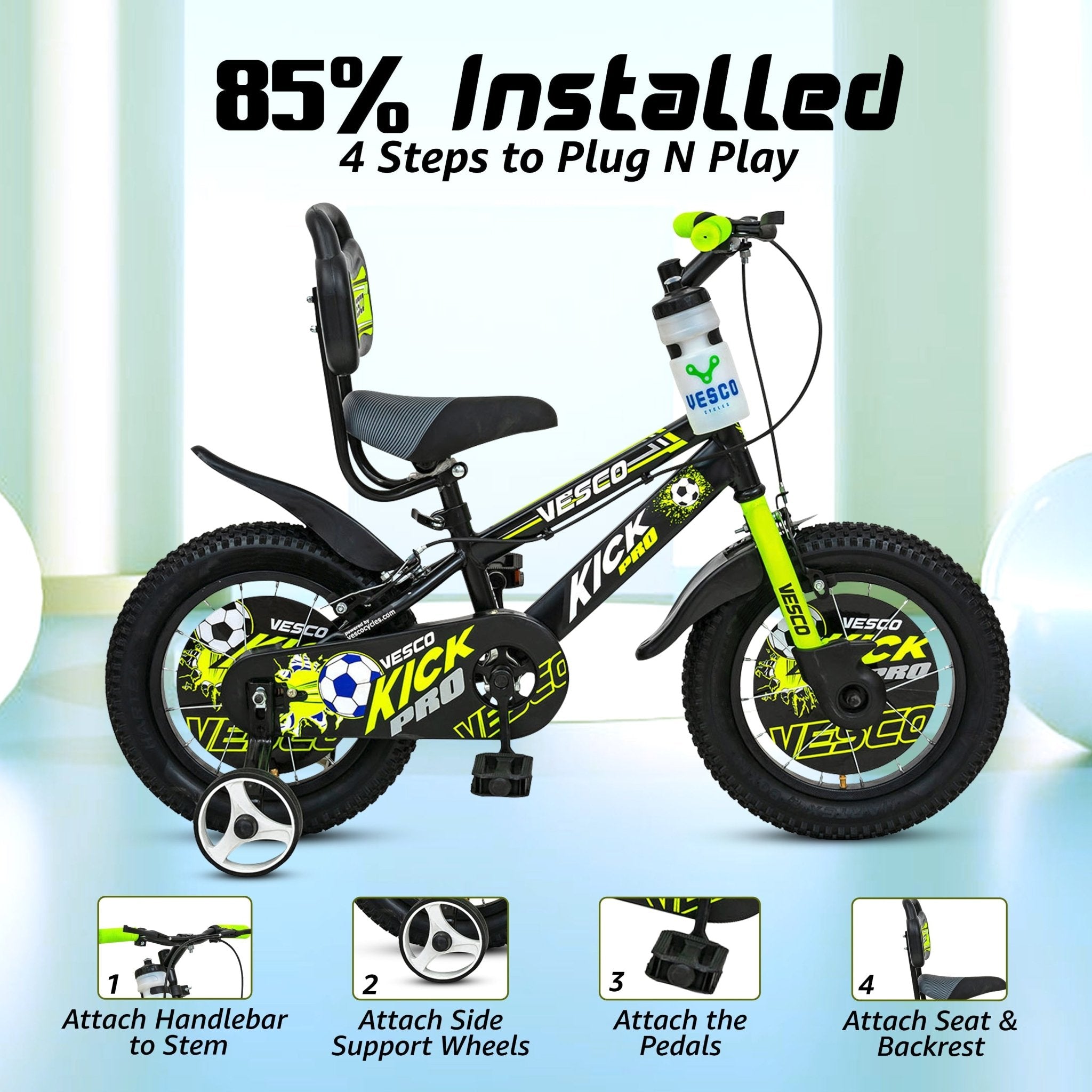 Kick Pro Green 14T Bicycle for Kids 3 to 5 Years - Vesco Cycles