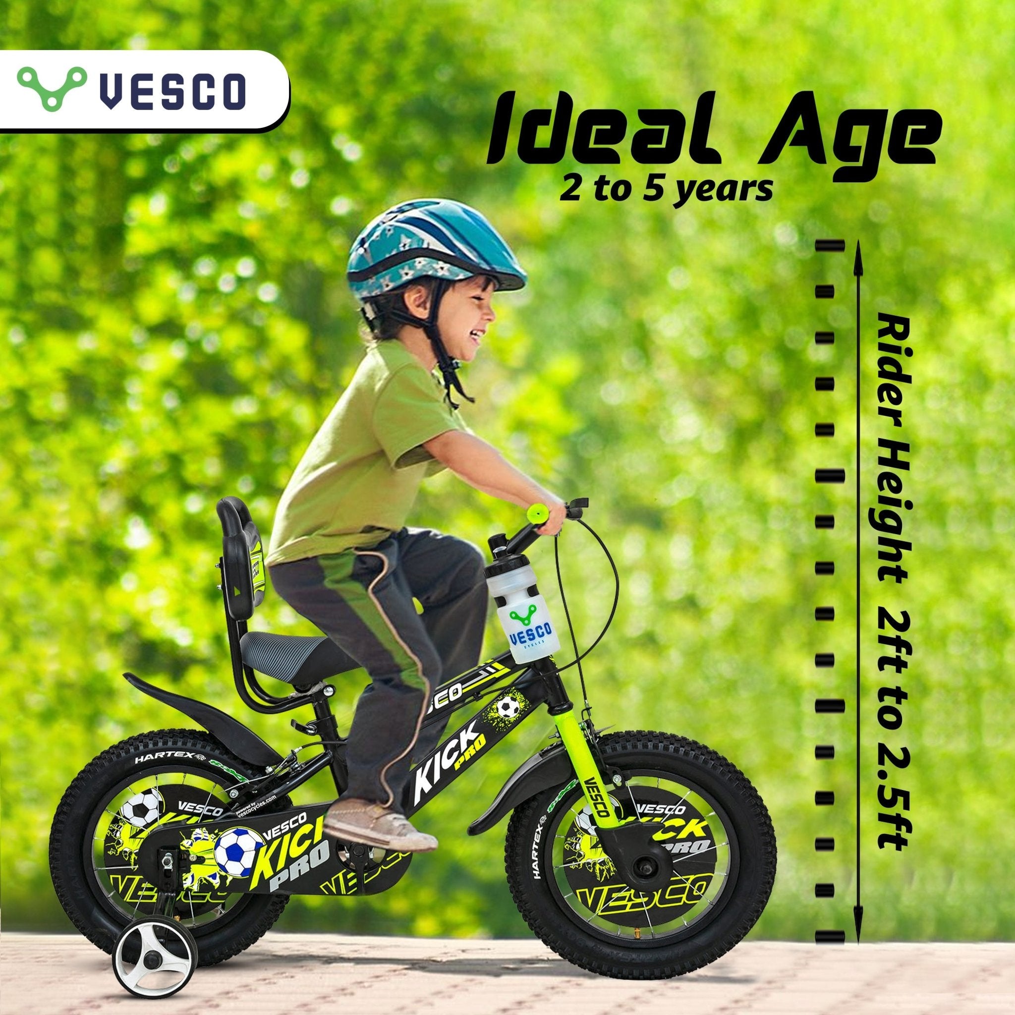Kick Pro Green 14T Bicycle for Kids 3 to 5 Years - Vesco Cycles