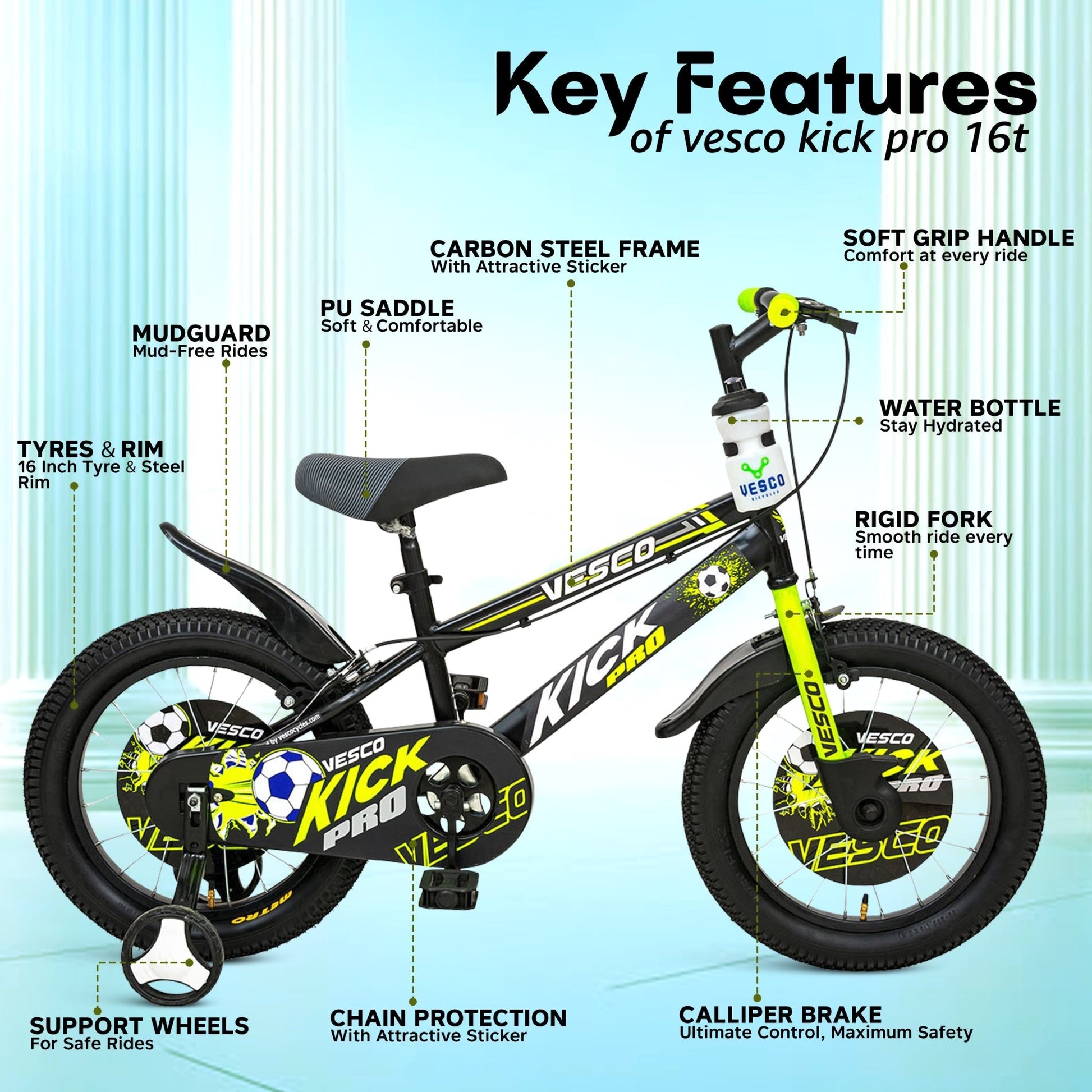KICK PRO Green 16 - T Cycle for Boys & Girls age 4 to 6 Year - Vesco Cycles