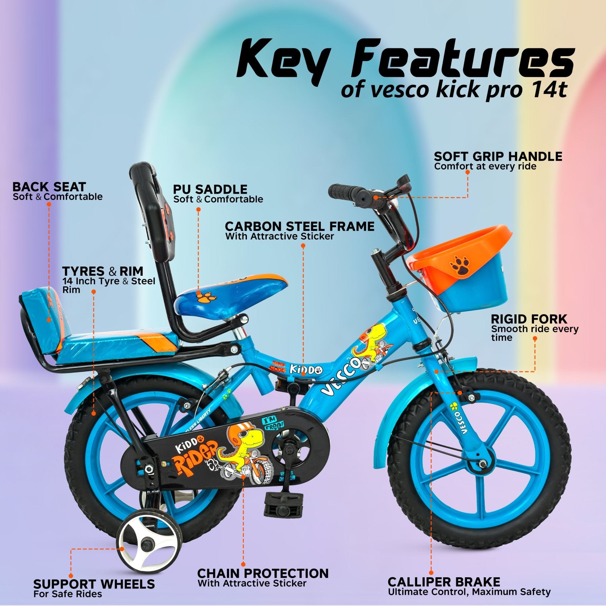 Kiddo Cycle 14 - T Kids Sports Bicycle Training Wheels - Blue - Vesco Cycles