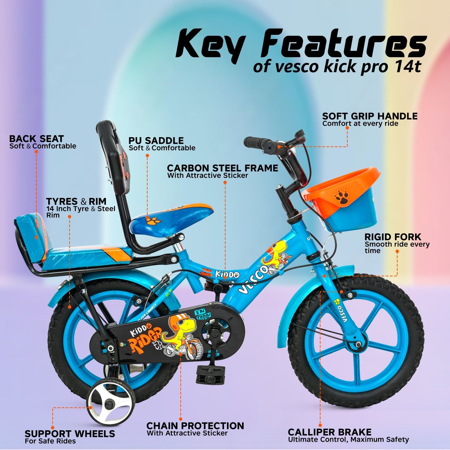 Kiddo Cycle 14 - T Kids Sports Bicycle Training Wheels - Blue - Vesco Cycles
