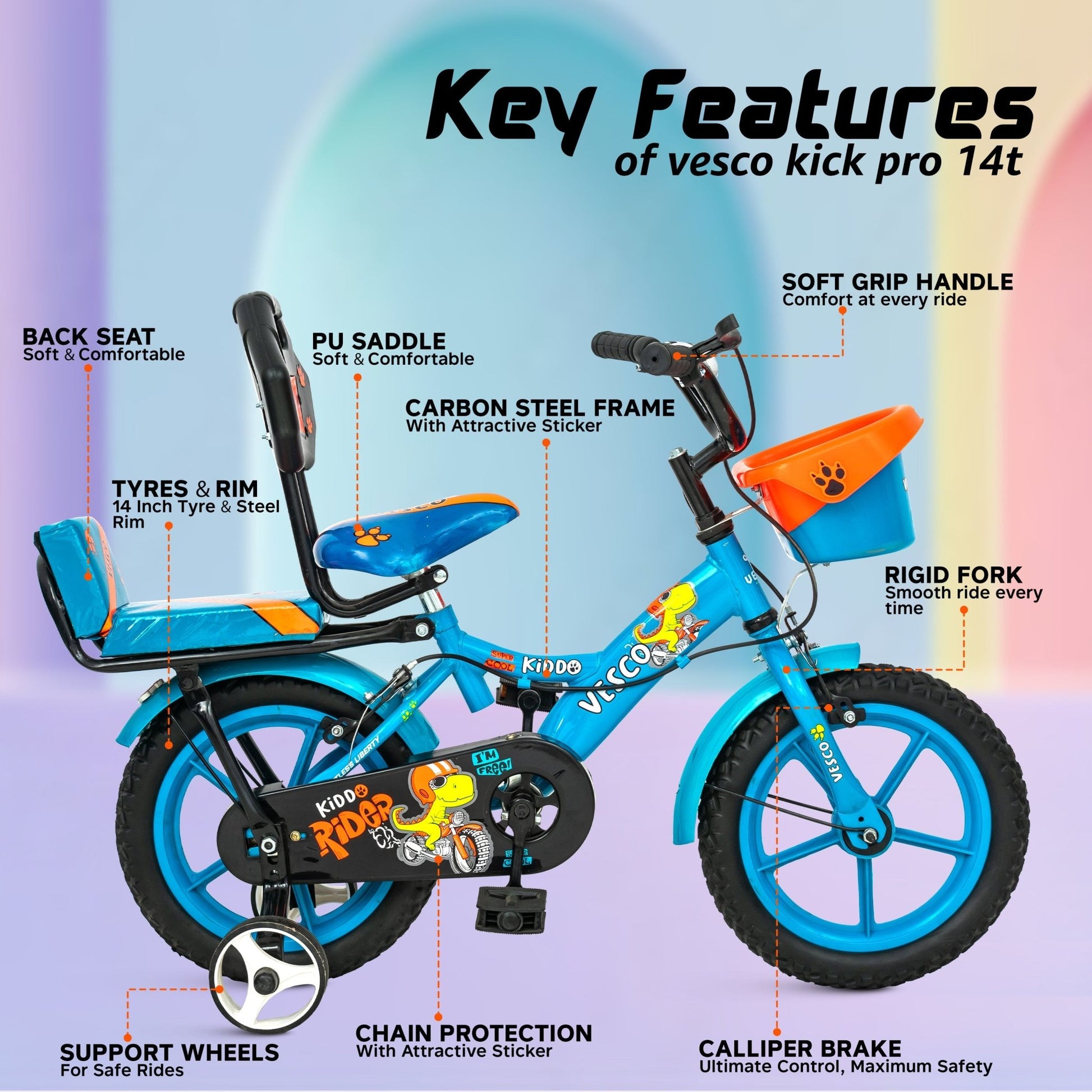 Kiddo Cycle 14 - T Kids Sports Bicycle Training Wheels - Blue - Vesco Cycles