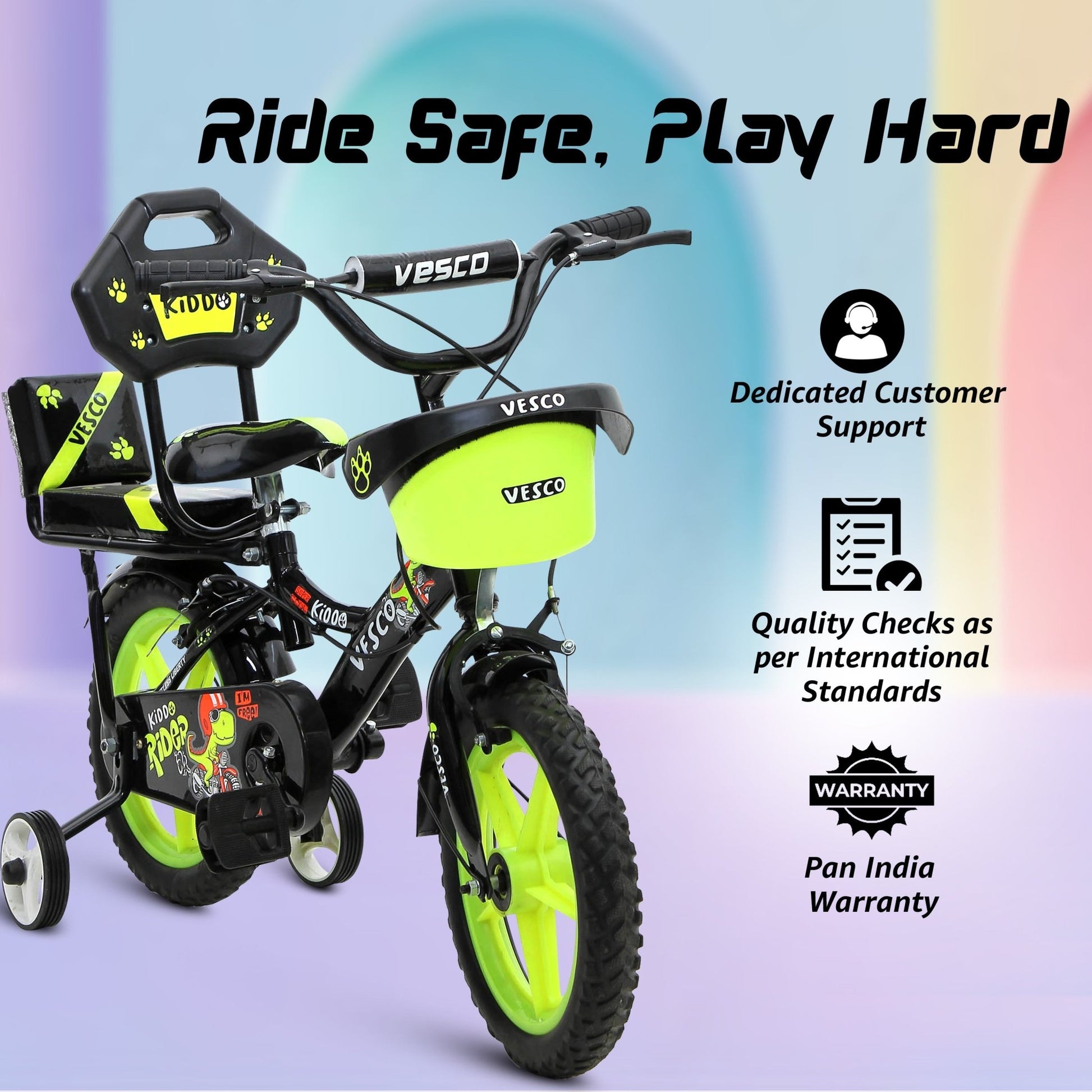 Kiddo Cycle 14 - T Kids Sports Bicycle Training Wheels - Green - Vesco Cycles