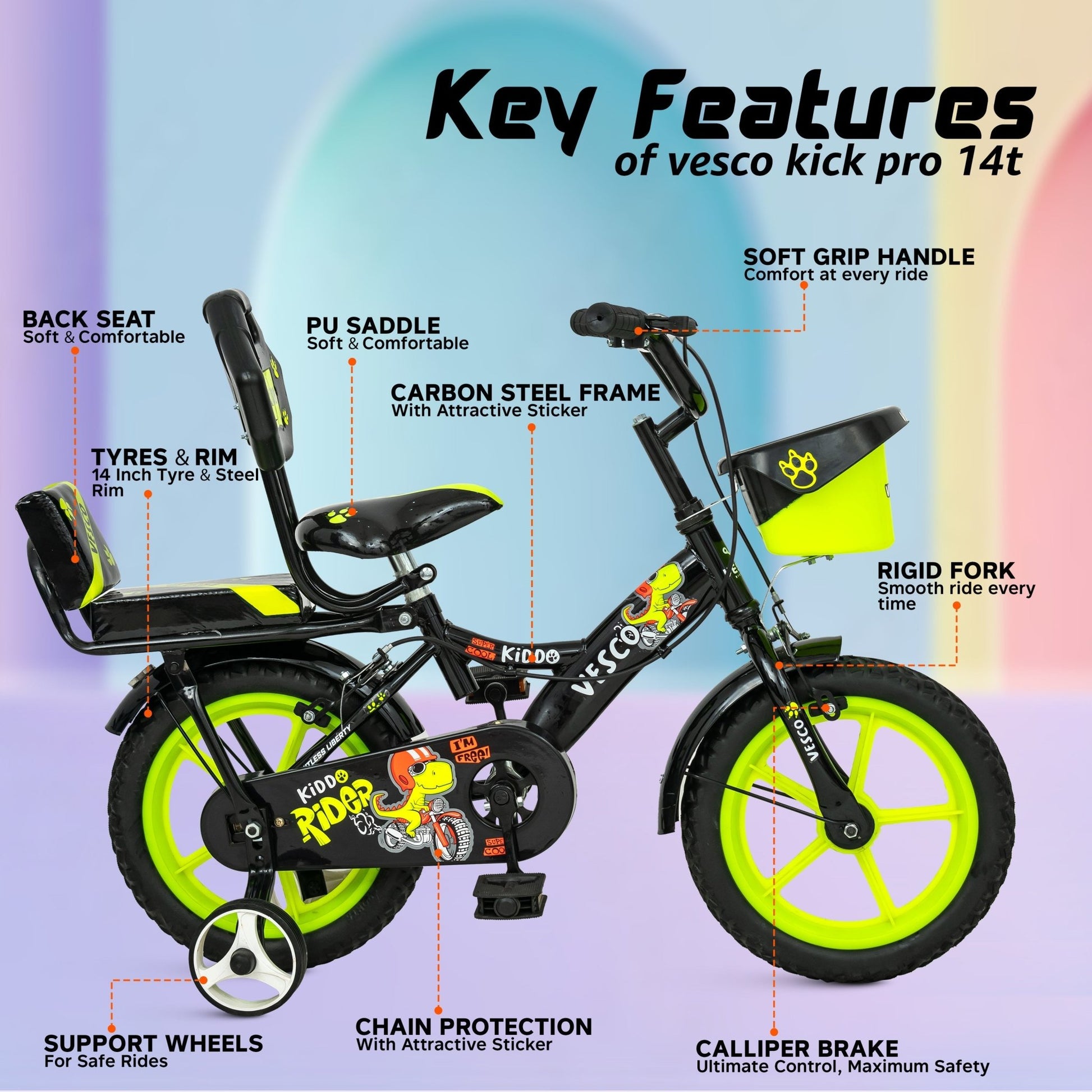 Kiddo Cycle 14 - T Kids Sports Bicycle Training Wheels - Green - Vesco Cycles